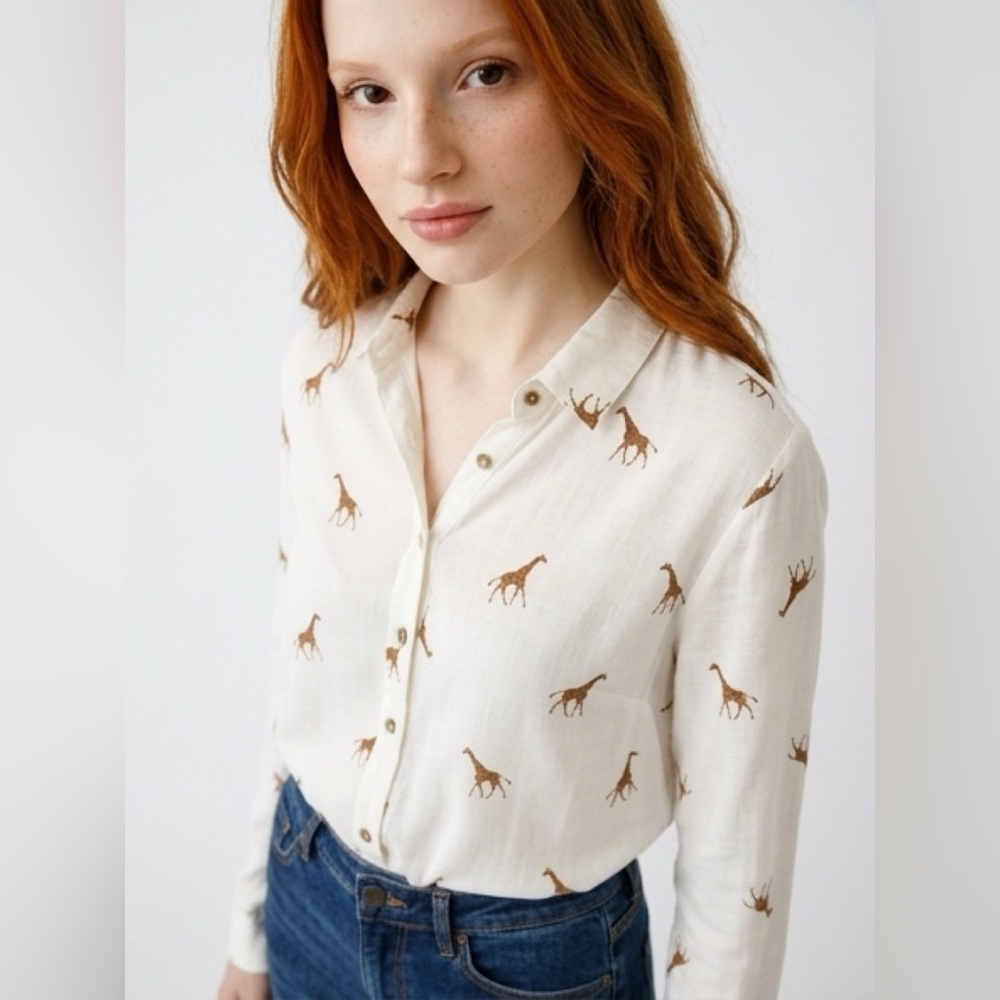 Jane and Delancey White Button-Up Shirt with Giraffe Print